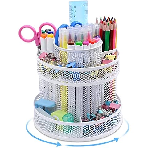 Office Storage Organiser - 360° Rotating Metal Wire Organiser, Pencil Holder, Office Accessory, Pen Holder, Multifunctional Office Supplies for Home Office School (White) Cover