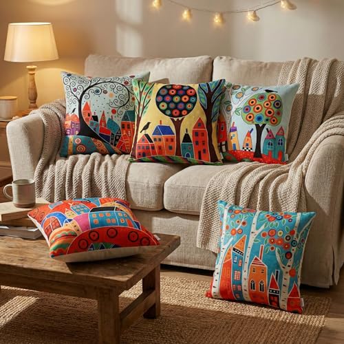Image of SILK & YANA Storybook Village Glow Cushion Cover 16x16 Inches Pack of 5 | Poly Jute Decorative Square Pillow Cover for Sofa, Living Room & Home Decor