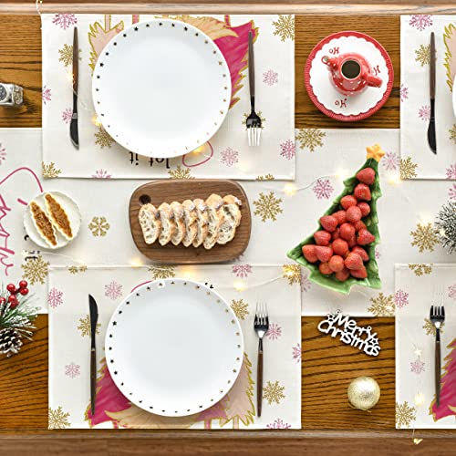 Artoid Mode Pink Christmas Tree Let It Snow Snowflake Winter Placemats Set Of 4, 12X18 Inch Seasonal Table Mats For Party Kitchen Dining Decoration #TOP2