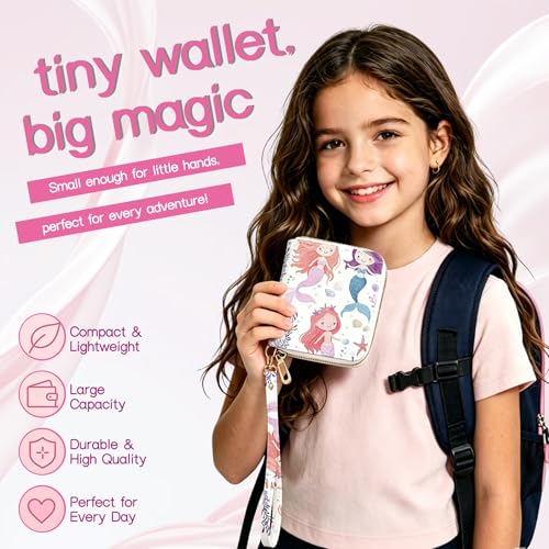 Image of Girls Wallet for Kids, Kids Wallet for Girls 6-8 8-10 10-12, Small Cute Mermaid Leather Toddler Purse with Wristlet and Coin Pocket, Christmas Stocking Stuffers Birthday Gift for Teen Girls