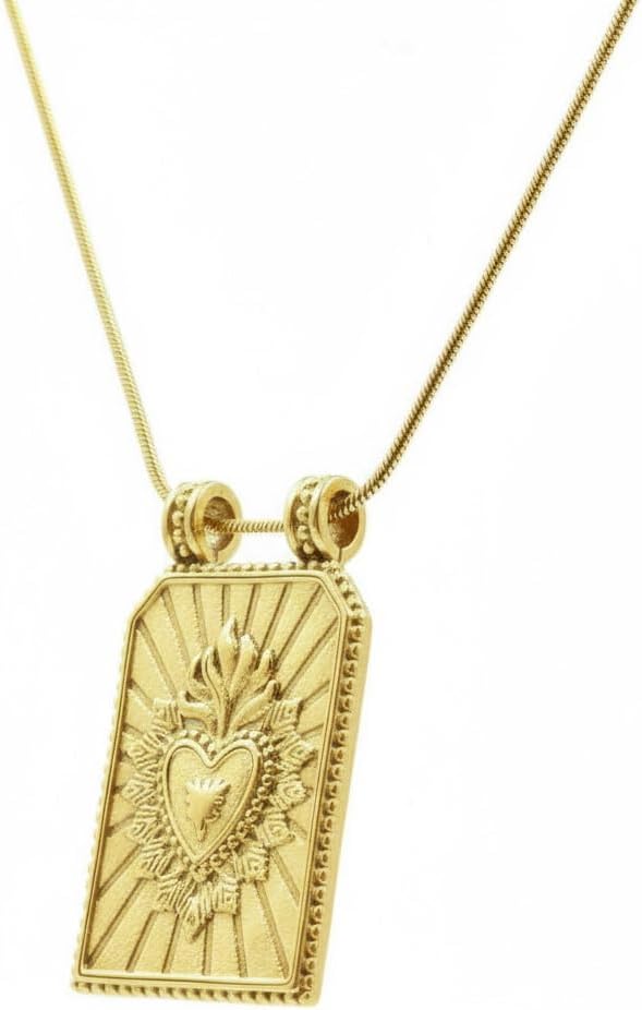 18k Gold Plated Vintage Heart Necklace, Stainless Steel Tag Pendant with Sunburst Design, Boho Tarot Inspired Layering Jewelry for Women - Image 8