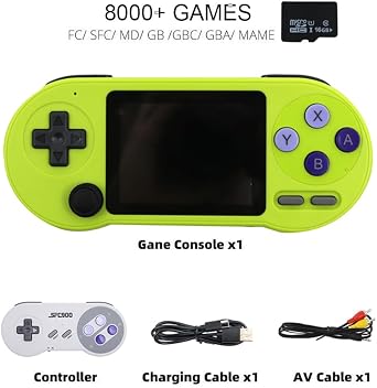 gloryart SF2000 ハンドヘルドゲームプレーヤー 3 インチ IPS スクリーンポータブルレトロコンソール内蔵 8000 ゲーム 7 エミュレータ AV 出力 16G メモリカード付き