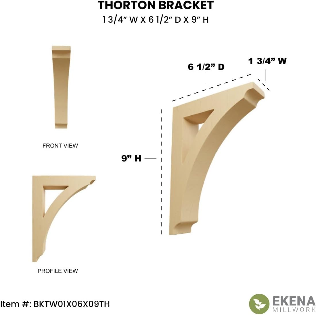 Ekena Millwork BKTW01X06X09THRO Small Thorton Wood Wood Brackets, 1 3/4"W x 6 1/2"D x 9"H , Red Oak