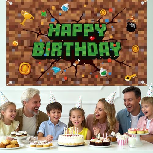 Image of Pixel Birthday Decorations, 70.87x43.31in /180x110cm Happy Birthday Banner Backdrop for Mining Party Decoration & Pixel Themed Celebration Kids Boys Game Party Supplies