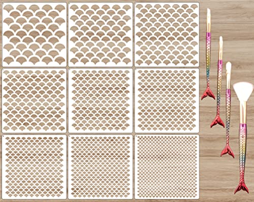 Image of 9 Pieces Mermaid Scale Stencil - Reusable Mermaid Face Makeup Stencils Fish Scale Templates and 4 Pcs Eye Makeup Brushes - Women Girl Cute Make Up DIY Tool Set