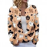 cardigan da donna di halloween divertente stagione spettrale fantasma zucca faccia stampa button down cardigan da donna casual morbidi maglioni, beige, xl