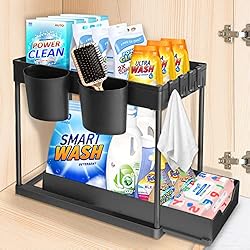 Cajones Bajo Cocina YOCOLE Organizador Bajo Fregadero 2 Niveles, Deslizable Estante Almacenamiento Debajo Fregadero con 4 Ganchos y 2 Cesta Colgante, Cajon Extraíble para Cocina Bano, Negro