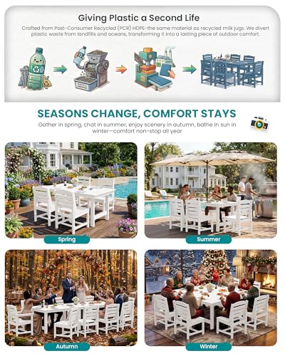 Image of SERWALL Patio Dining Sets for 10 Person, HDPE Dining Set with 2 Tables, 8 Armless Chairs and 2 Armed Dining Chairs, White