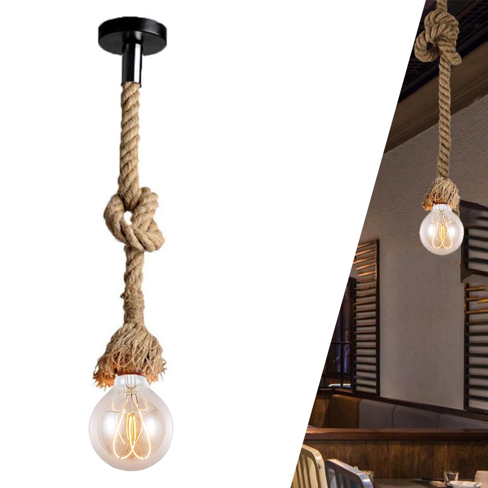 Chaozan 100Cm E27 Hemp Rope Hanging Pendant Light Single Head Vintage Ceiling Light Spider Lamp Suspension Retro Country Style Chandelier For Dining Bedroom Living Room Hall Restaurant Bar Cafe Hallway