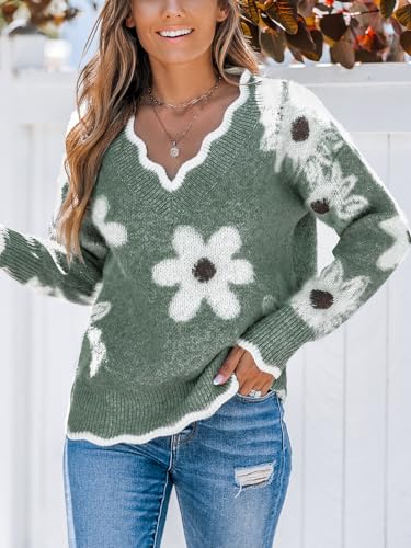 Image of CUPSHE Sweaters for Women Long Sleeve Pullover Knit Tops | Floral Scalloped V Neck Pullover Sweaters, Soft and Cozy Fabrics, Relaxed Fit, Fall Clothes, Winter Clothing, Cute Fashion