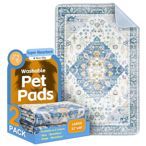 Image of Washable Pee Pads for Dogs, 2 Pack Reusable Puppy Training Pads 48 inchx32 inch Super Absorbent Waterproof Dog Training Pads, Non-Slip Potty Pads, Whelping Pads Litter Mat Blue Medallion