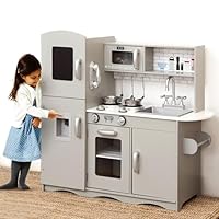 KIDOZ Signature Kids Wooden Play Kitchen Boys Girls Pretend Toy with Sounds and Light Cooking Role Play Large Size 91.5x85.5x30cm - New Grey (with Utensil Toys)