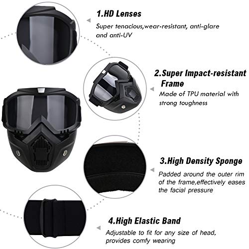 PiscatorZone Motorcycle Goggles Mask CS/Paintball/Skiing/Riding/Cycling/Halloween/Costume Ball-UV Proof Windproof Anti-Fog Protective Detachable Adjustable Tactical Glasses