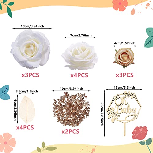 Boho Wood Oh Baby Cake Topper Artificial Rose Flowers Cake Topper Decorations Baby Shower Party Supplies For Baby Shower Wedding Birthday Newborn Gender Reveal Cake Decorations #TOP1