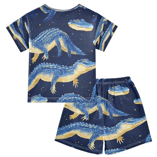 Pajama Sets Short Sleeve Blue Crocodile Pattern Print Soft Cotton Summer Sleepwear 2 Piece PJS Size 5-14T2