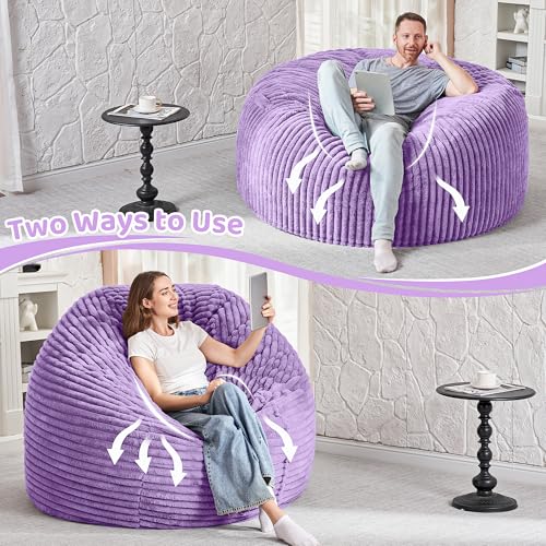Image of HABUTWAY 6FT Bean Bag Chair, 6' Large Bean Bag Chairs for Adults with Removable Stripe Plush Cover, Memory Foam Beanbag Chair for Living Room Bedroom Dorm,Purple