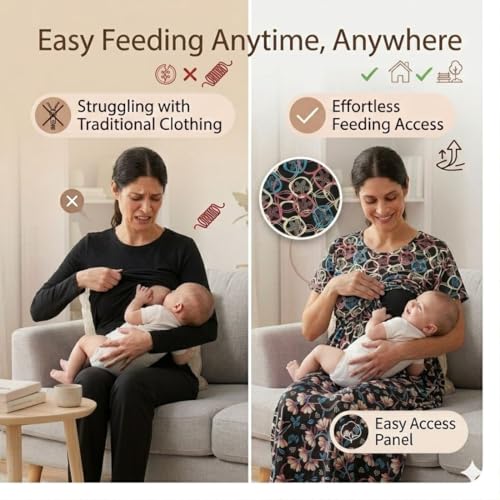 Image of Zero Clothing Feeding Dress for New Moms Casual Loungewear Ankle Length | Cotton Maternity Nighty | Zipless Feeding Dresses for Women | Pregnancy & Nursing Wear