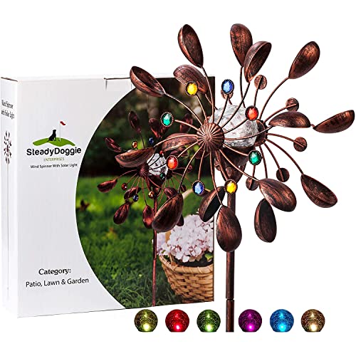 SteadyDoggie Moulin à vent solaire 190,5 cm Joyau Coupelle Multicolore Lumière LED à énergie solaire Boule en verre avec moulin à vent cinétique Double direction...