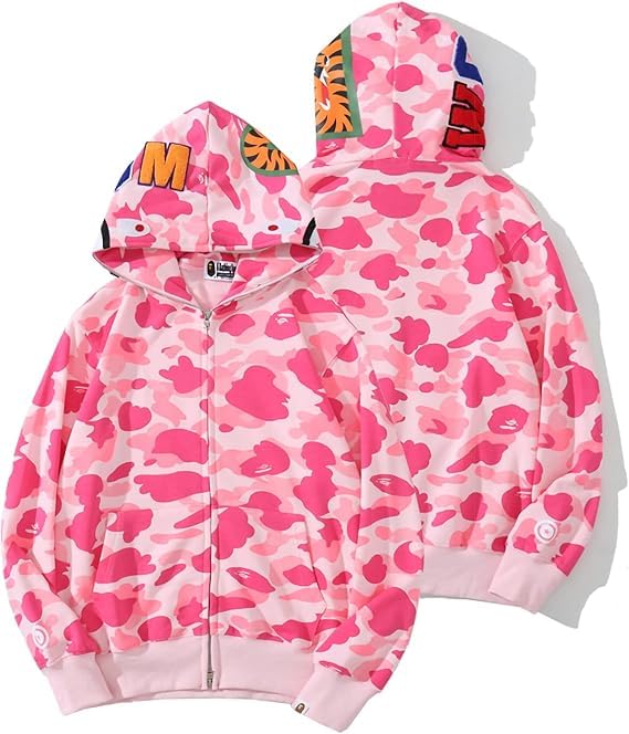 Fashion Shark Hoodie Full Zip Up Hoodie Camo Sweatshirt for Men Women Y2K Tops Graphic Hoodie Preppy Clothes