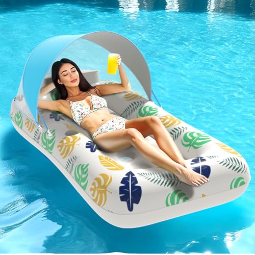 Inflatable Adult Pool Floats with Canopy 70 Inch Giant Swimming Pool Lounger Raft with Cup Holder & UV-Resistant Heavy-Duty Adults Floaties for Beach...