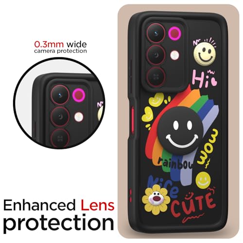 Image of Pikkme Back Cover for Realme Narzo 90X 5G / Realme C85 5G / Realme 15X 5G | Soft Silicone| Cute Rainbow Smile & 3D Cartoon Flower Design | Shockproof Raised Camera Protection Bumper Case (Black)
