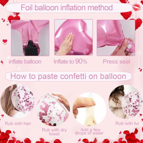Image of Pink Valentines Day Decorations with Heart Balloons and Love Balloon, Fake Rose Petals for Wedding Decor, Anniversary Decorations Romantic with Pink Latex Balloons and Heart Hanging