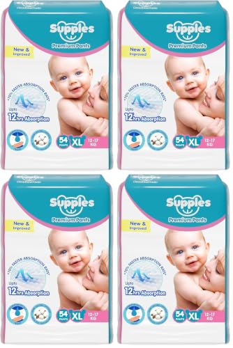 Image of Amazon Brand - Supples Premium Baby Diaper Pants | 54 Baby Diapers | XL | 12-17 Kg | 12 Hrs Absorption | Cushiony Cotton Soft Fabric | Phthalates-Free | Triple Leak Guard (Pack of 4)