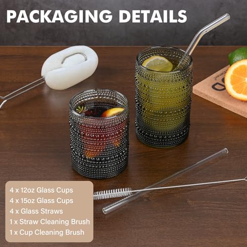 Image of ZMOWIPDL 12oz & 15oz Hobnail Drinking Glasses,Grey Glass Cups Set of 8