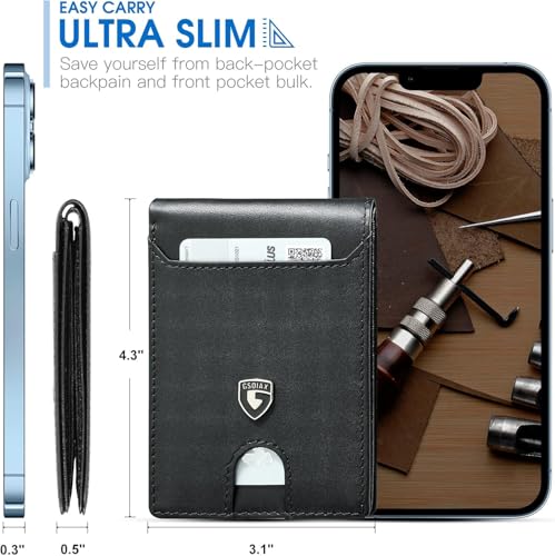 Image of GSOIAX Mens Slim Wallet RFID Blocking Bifold Carbon Fiber Thin wallets for men Minimalist Genuine Leather Card Holder Money Clip with Gift Box (Black-1)