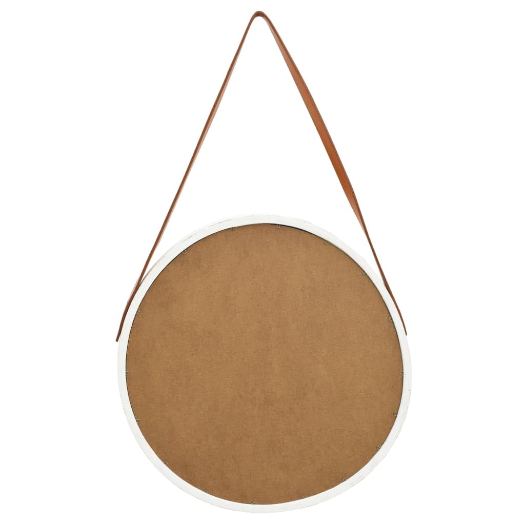 Lustro ścienne w stylu vintage, 50 cm, białe, okrągłe lustro z drewnianą ramą z drewna paulowni i paskiem ze sztucznej skóry, z regulacją wysokości, do sypialni i salonu