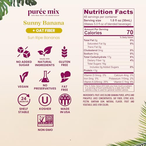 Image of Smartfruit Sunny Banana + Oat Fiber - 100% Real Fruit Puree with Banana, Apple & Pineapple - Great for Smoothies, Juice, Yogurt, Cocktails, Teas & More - High in Vitamin A - 2-Pk, 48oz Each