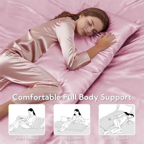 Image of MR&HM Satin Body Pillow Cover, Soft and Breathable Body Pillow Case with Envelope Closure, Cooling and Silky Long Pillowcase for Hair and Skin,Grey (20x54, Pink)