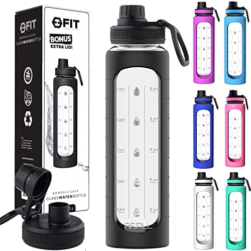 32 oz Glass Water Bottle with Time Marker and Black Silicone Sleeve - EXTRA LID, Motivational Bottles, Reusable, Wide Mouth, Leakproof, 1 Liter Drinking Bottle, BPA Free