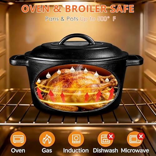 Image of 6 Piece Pre-Seasoned Cast Iron Cookware Set - Incl. 5QT Dutch Oven with Lid, 8'' and 10.25'' Cast Iron Skillets, 10.5'' Round Griddle, and a Square Grill Pan for Kitchen, Stovetop, & Camping