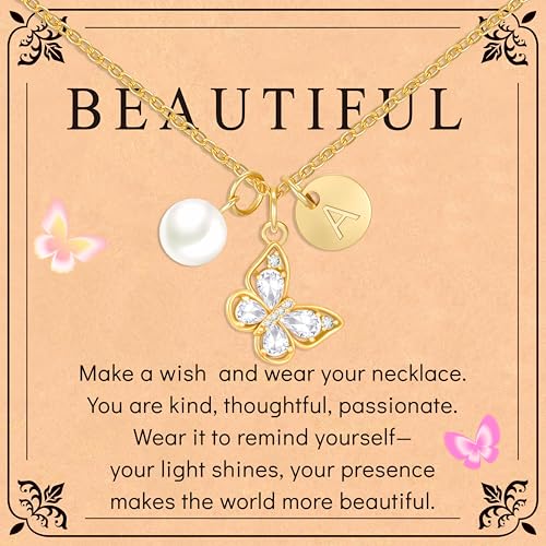 Butterfly Pearl Initial Necklace for Girls,14K Gold Plated Letter Butterfly Pendant Dainty Jewelry Birthday Christmas Gifts for Girls Daughter Best Friend