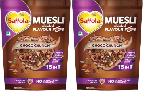 Image of Saffola Muesli Choco Crunch with Flavour Pops, 400 gm /450 gm | 15 in 1 Fruit and Nuts, Seeds, Millet & more | Cereals for breakfast with wholegrain, protein, fibre (Pack of 2)