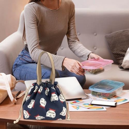 Ericetion Lunch Tote Bag Japanese Style Canvas Lunch Boxes Portable Cute Bento Storage Bag Reusable Lunch Bento Pouch with Drawstring for Picnic - Image 6