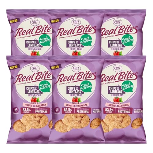 Chips de Lenteja RealFooding - Caja 6 Paquetes - Sabor: Tomate y Albahaca. 6 Bolsas x 80 gramos. Chips de Lenteja al 86% Horneados - RealBites - Sin Gluten