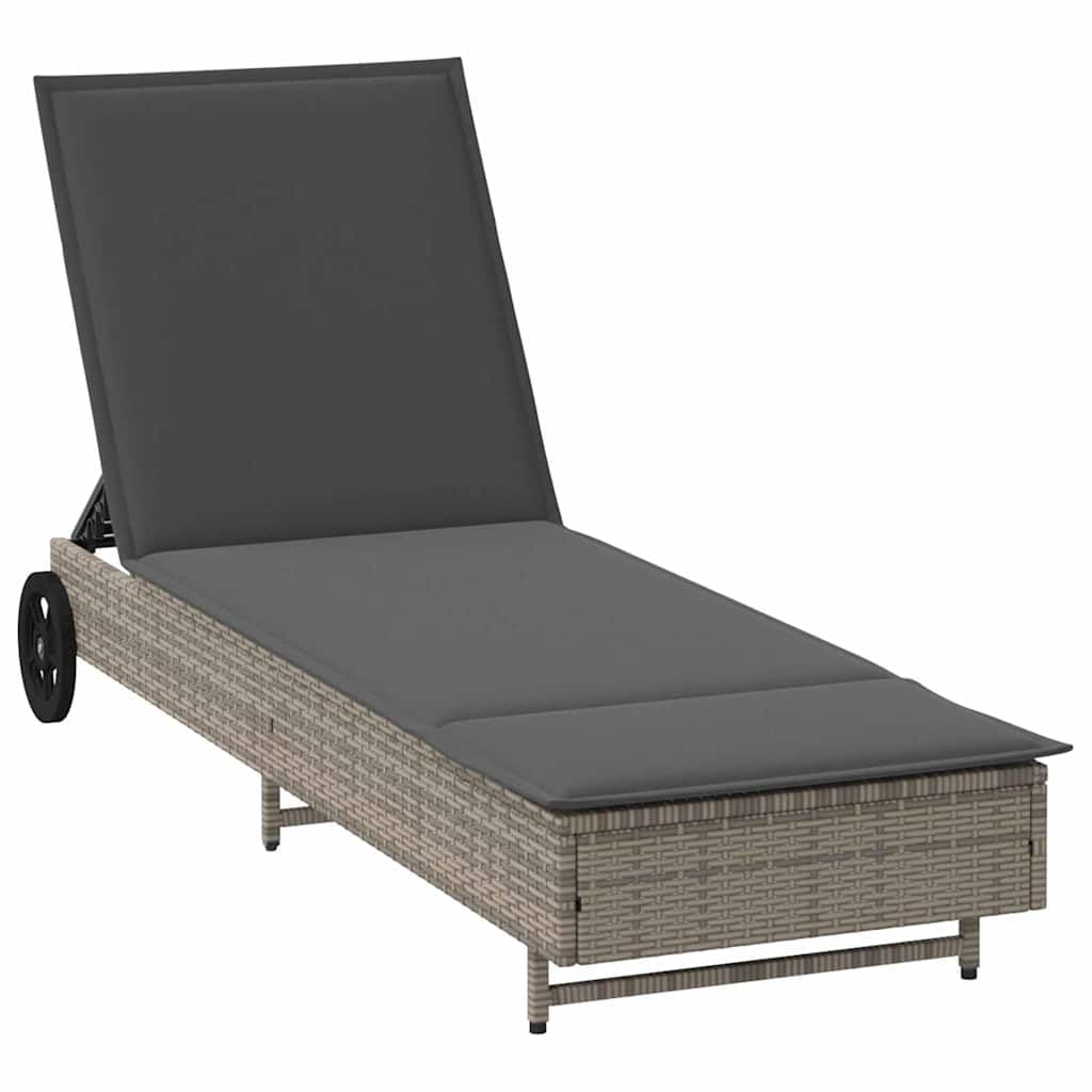Lettino prendisole con ruote e cuscino, grigio polyrattan, 1 pezzo, schienale regolabile, in rattan PE di facile manutenzione, per giardino, balcone o terrazza, con imbottitura
