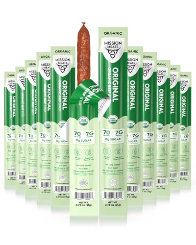 Mission Meats 100% Certified Organic Beef Sticks – Pasture-Raised, Zero Sugar, Non-GMO, Healthy Individually Wrapped Meat Sticks Snack, 0.75oz (12ct)
