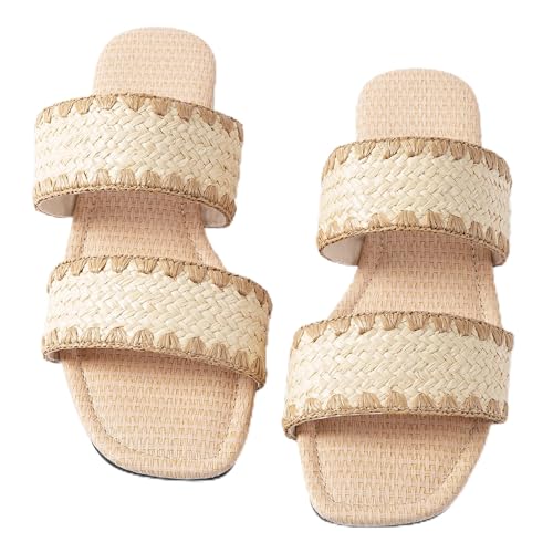 Image of Mtzyoa Women Flat Sandals Raffia Braided Summer Straw Dressy Casual Vacation Bohemian Cute Beach Comfy Slip On Slides