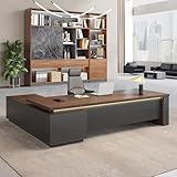 L-Shaped Executive Desk with LED Lights, Lockable Storage & 3-in-1 Charging Station, Reversible Cabinet, Modern Wood Office Desk for CEO, Manager & Home Office(Red Walnut+Black, 71"L*63"W*30"H)