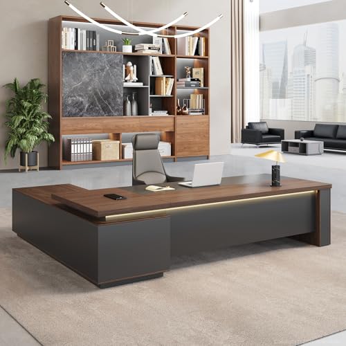 Huariifowm 71" L-Shaped Executive Desk with Reversible Return, Locking Drawers, Built-in Power Outlet & LED Accent Light, Modern Office Desk with Storage and Privacy Panel, Walnut & Graphite Gray