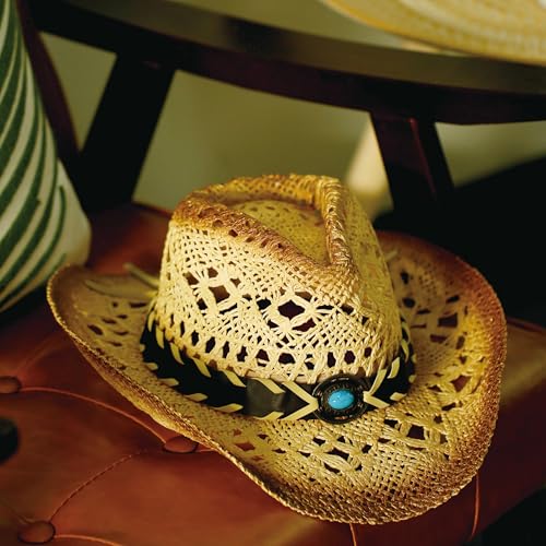 Image of YOUBADU Western Straw Cowboy and Cowgirl Hats with Decorative Bands - Unisex Wide Brim Raffia Style Sun Hat