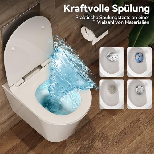 Hänge WC Wand WC Spülrandlos mit Toilettendeckel mit Absenkautomatik - geruchsarmer Tiefspüler WC - Toilette aus Keramik mit Nano Beschichtung - WC kloschüssel mit Einloch-Superspin-Spülung – Bild 4