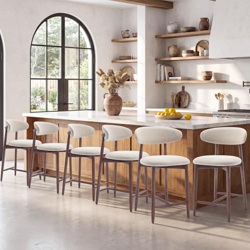 Image of MALOL Counter Height Bar Stools Set of 6, Kitchen Bar Stools with Back, Mid Century Modern Upholstered Barstools with Wood Legs for Kitchen Island Dining Room, Beige
