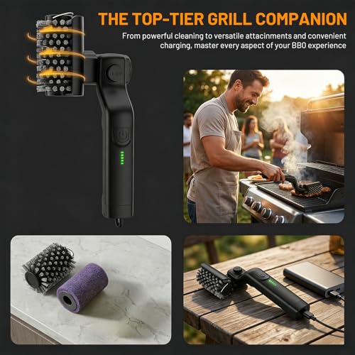 Elektrische Grillbürste,Akku-Betrieben,180°Verstellbarer Kopf,Edelstahl-Bürste,3 Stufen,90 Min Laufzeit,Wasserdicht IPX7 für Grillroste