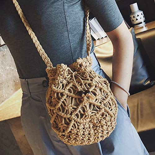 Womens Drawstring Crossbody Bag Beach Handwoven Purse Small Straw bucket bag retro woven hollow Messenger bag3