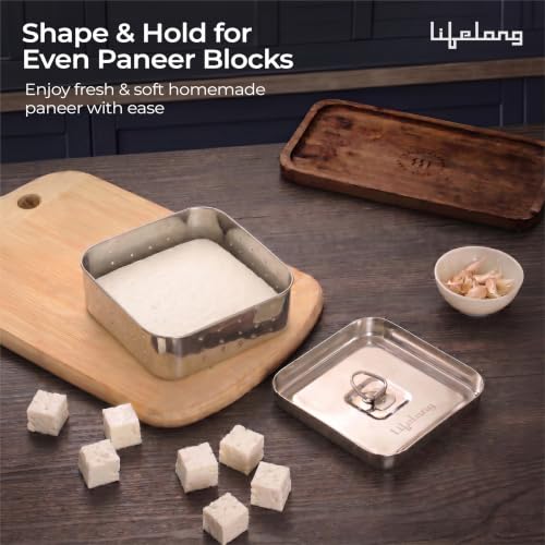 Image of Lifelong Stainless Steel Paneer Mould Maker (550ml) | Press Fit Lid for Firm Texture | Easy Paneer Shaping & Whey Draining | Rust Resistant Tofu Mould Press for Square Paneer Blocks, Cheese, & Sprouts