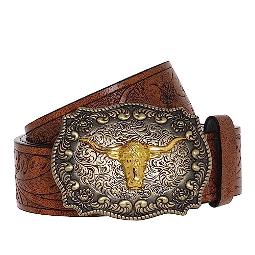 SUMERSHA Western Cowboy Belt for Men Women Adjustable Brown Leather Floral Engraved Buckle Longhorn Bull Pattern, 45 Inch, 7 Holes
